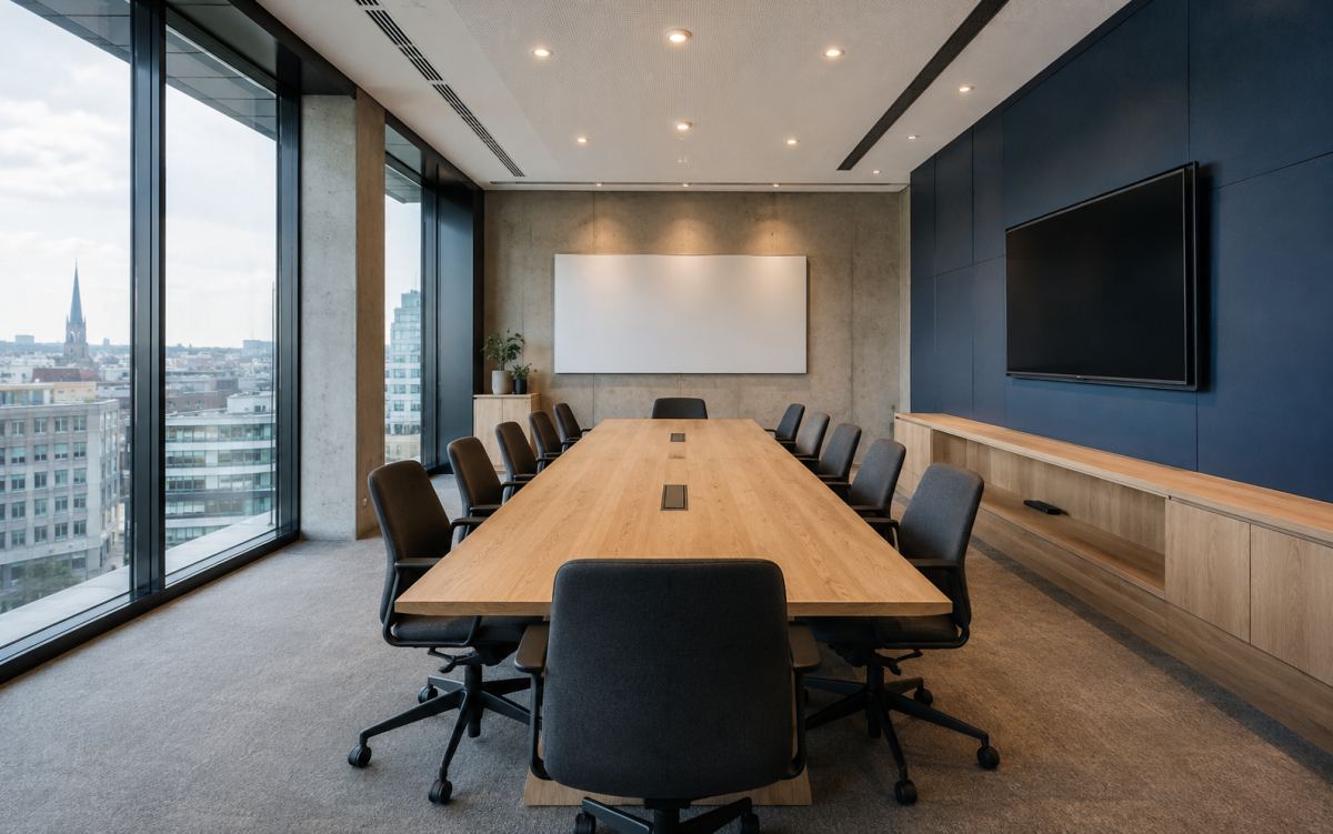 Konferenzraum mit Eichentisch, Stadtblick und Nachtblau-Wand